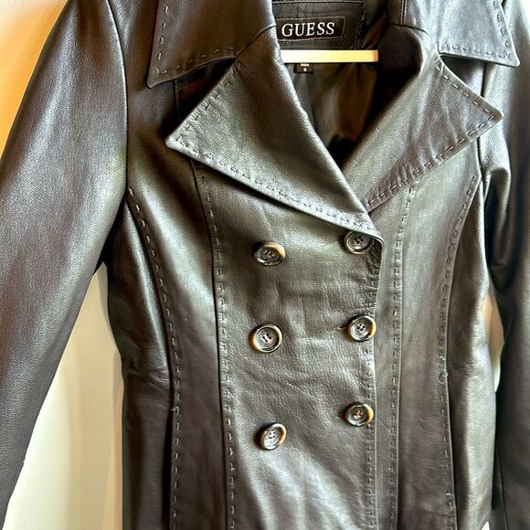 Guess Genuine Leather Brown Blazer Double Breasted Jacket Unique Stitching Small - Picture 3 of 7